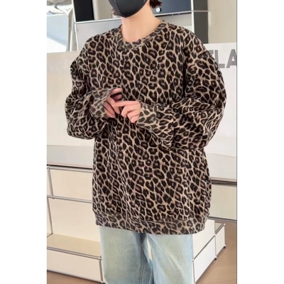 现货25年新款诗歌兰9927百搭小众个性潮流圆领套头豹纹加绒卫衣女