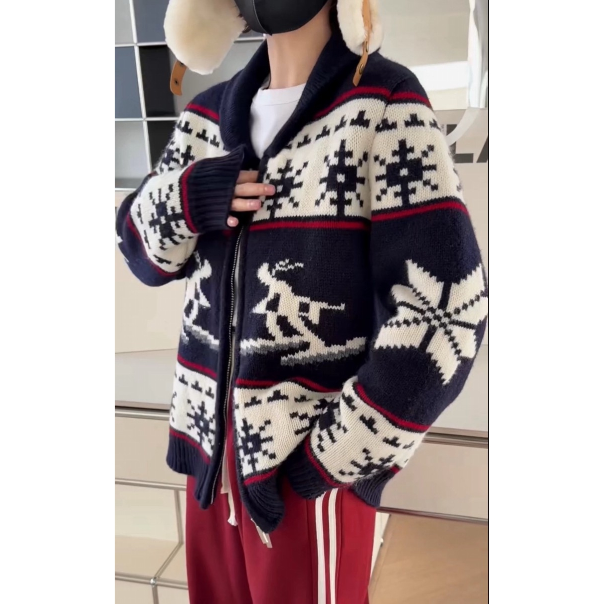 现货诗歌兰5842时髦慵懒费尔岛拉链开衫翻领花色毛衣女25年冬季新