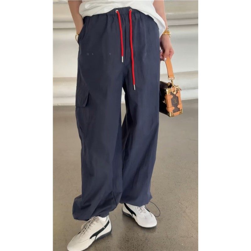 秒发诗歌兰25-291潮流巨美蓝色松紧腰速脚口袋工装裤25秋欧货女装