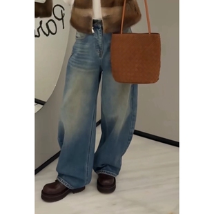 女2025冬季 薄绒牛仔裤 新 潮流复古休闲弯刀裤 秒发诗歌兰C18171美式