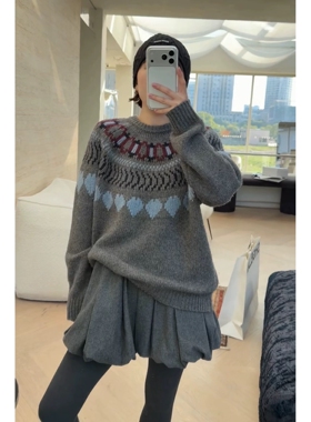 现货新款诗歌兰58791时尚慵懒法式圆领拼色花纹爱心毛衣女2025冬