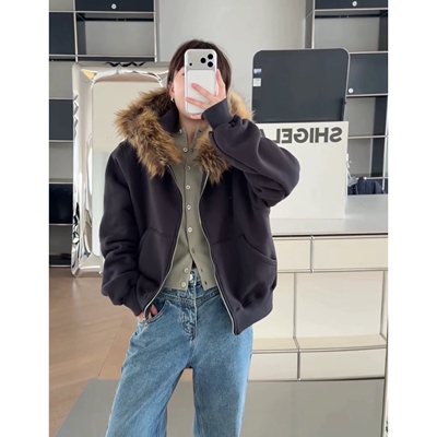 秒发诗歌兰H15230时尚百搭街头加绒毛领短款卫衣外套女2025冬季新