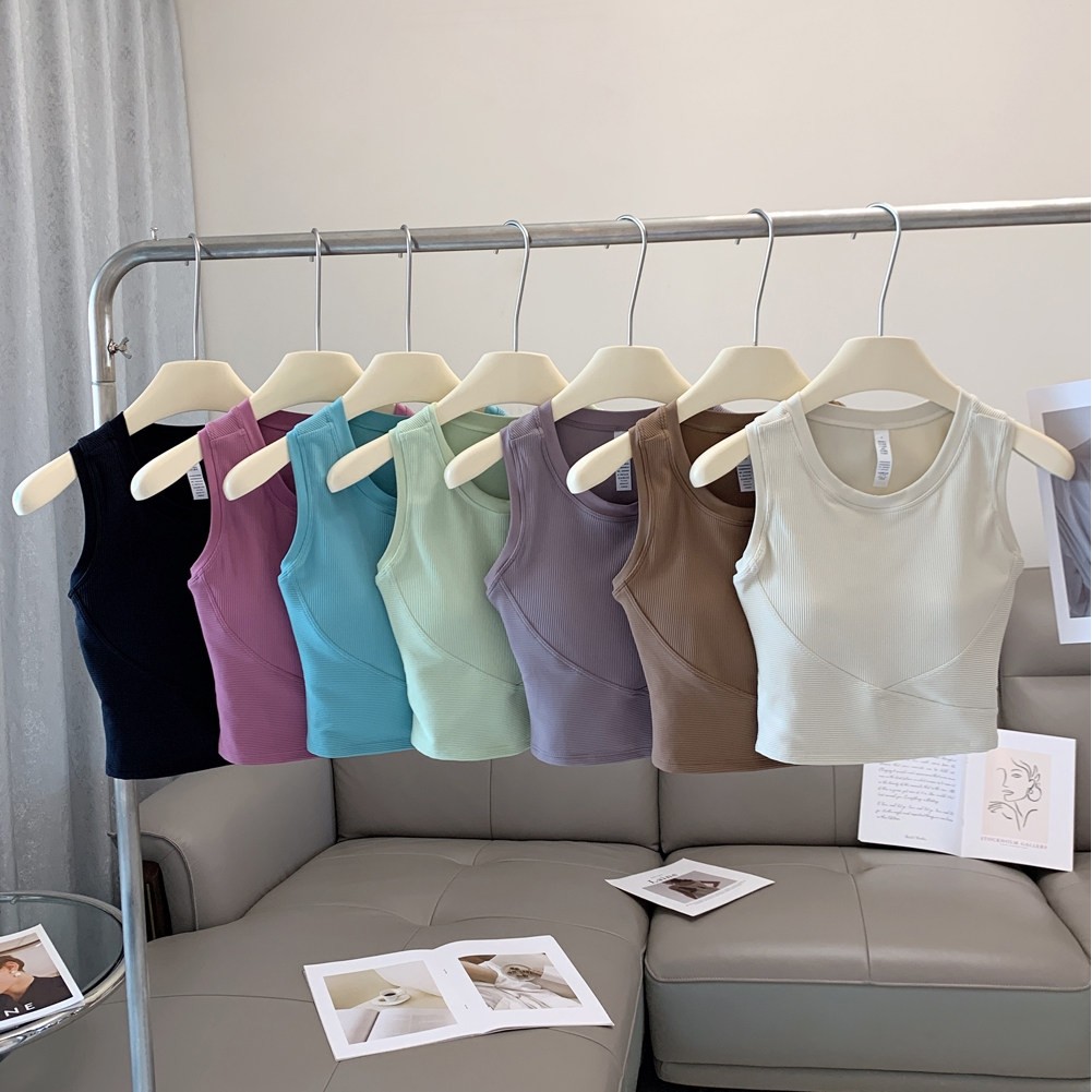 运动内衣一体式固定胸垫防震瑜伽服背心紧身上衣健身文胸工字美背