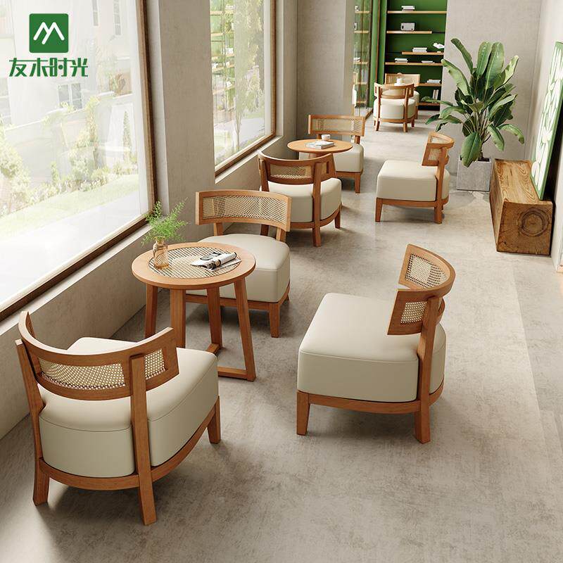 咖啡店洽谈桌椅组合设计师奶茶店编藤实木皮艺椅子甜品店休闲桌椅