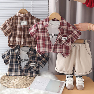男童夏季韩版套装2026夏款新款格子衬衫短袖背心T恤短裤三件套酷