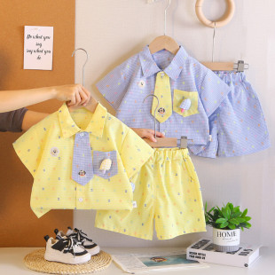 男童夏季套装薄款领带衬衫2026夏款新款领带短袖衬衫短裤两件套潮