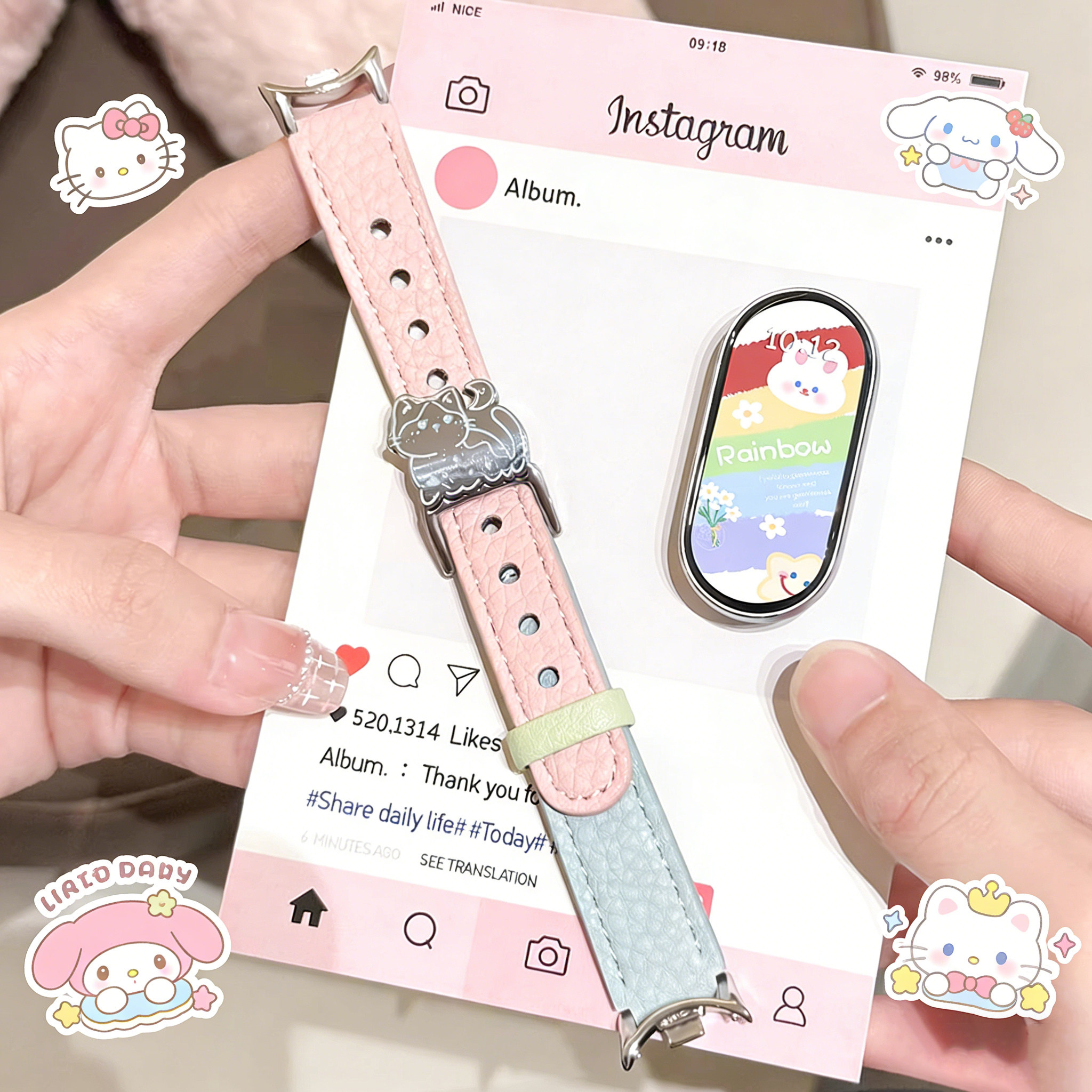 uhada适用小米手环10表带高级感秋冬皮质荔枝纹小米手环9表带可爱泡芙小猫智能运动创意男女款小米手环8表带