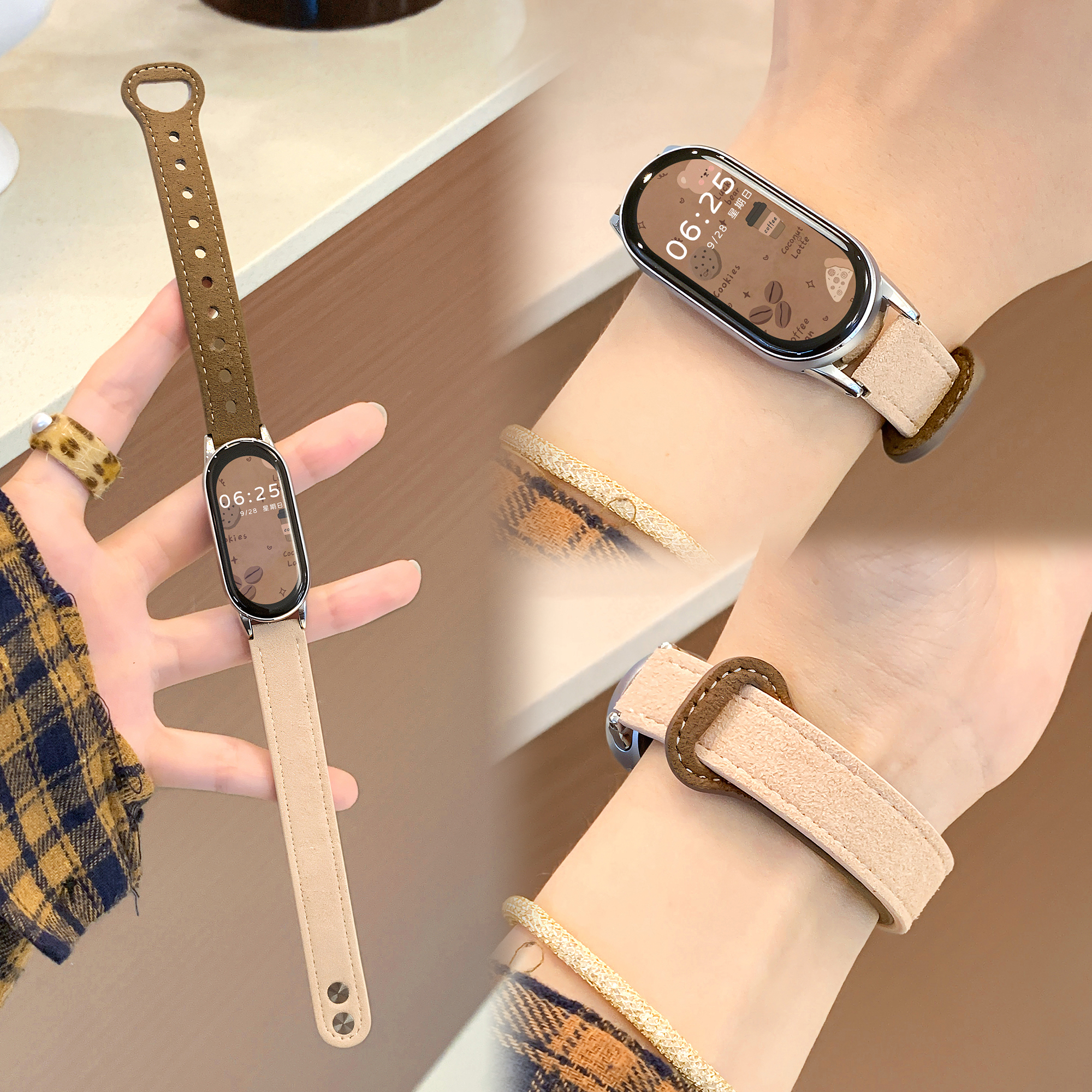 秋冬毛呢拼色皮质双扣手环腕带