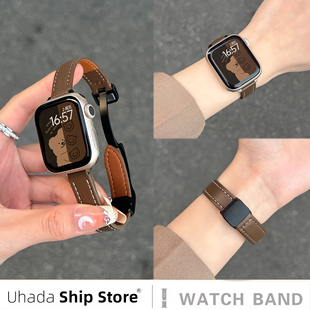 uhada适用苹果手表s9表带applewatchs9表带高级皮质磁吸撞色皮质苹果手表se/8/7/6/5代秋冬女腕带小红书同款