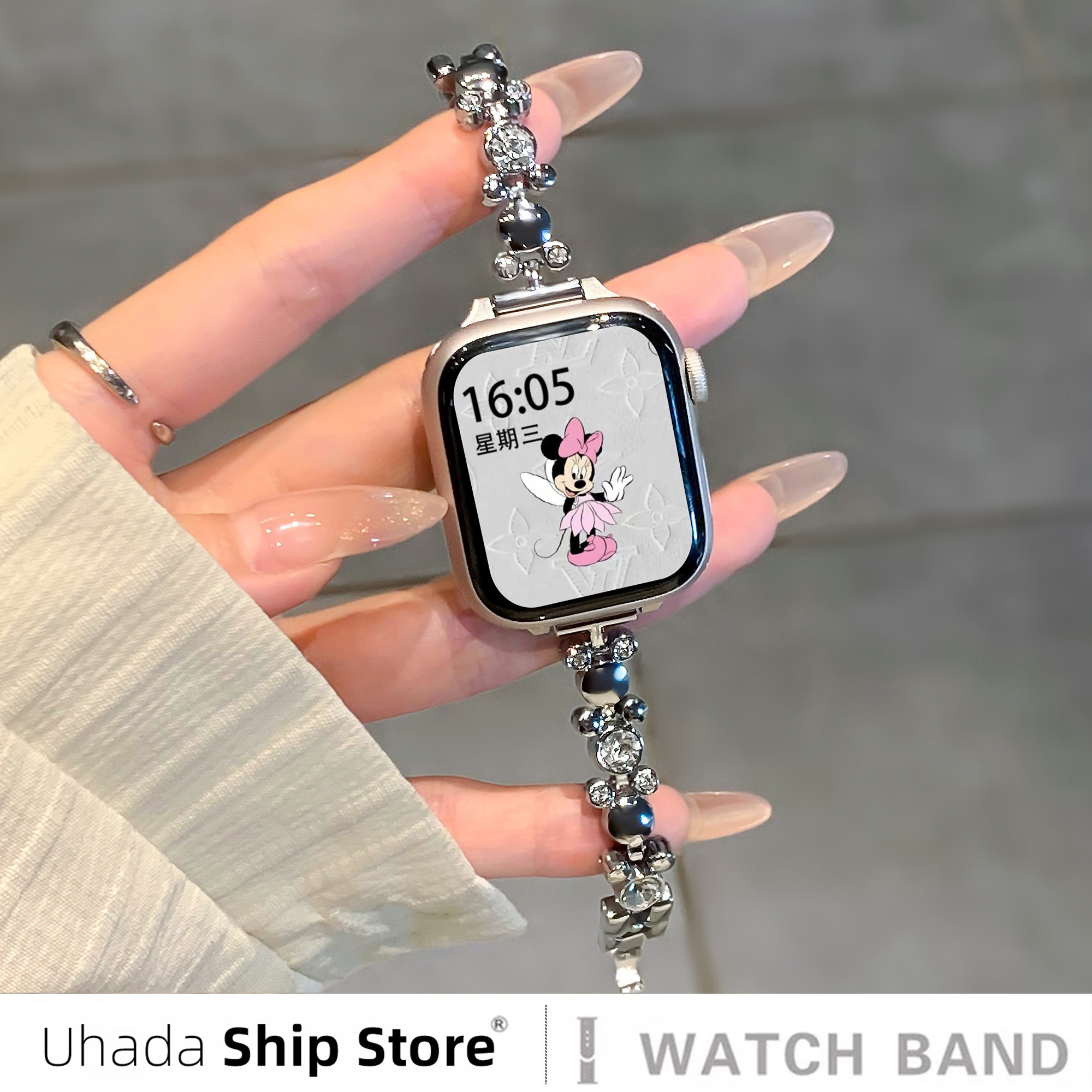 uhada适用苹果手表表带夏天小香风镶钻可爱鼠智能iwatch表带金属女applewatch表带S10创意时尚苹果手表11表带,智能设备,智能手表手环表带/腕带,淘宝优惠券,粉丝福利购,淘宝优惠卷