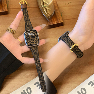 uhada适用iwatchs11代表带苹果手表表带s10复古豹纹applewatch8女款ultra2透气s8新款皮质S9创意马蹄金扣表带