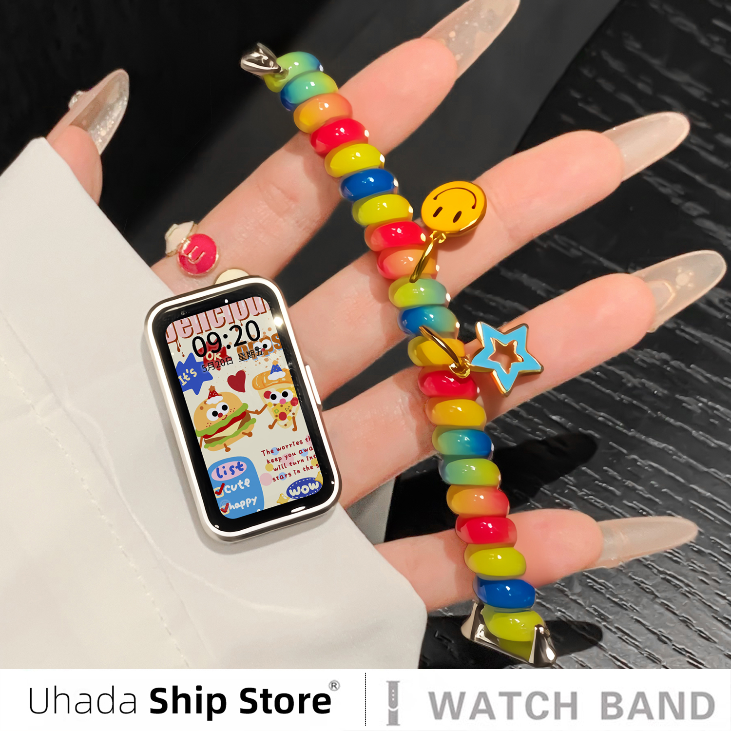 夏季新款多巴胺电话线彩虹表带