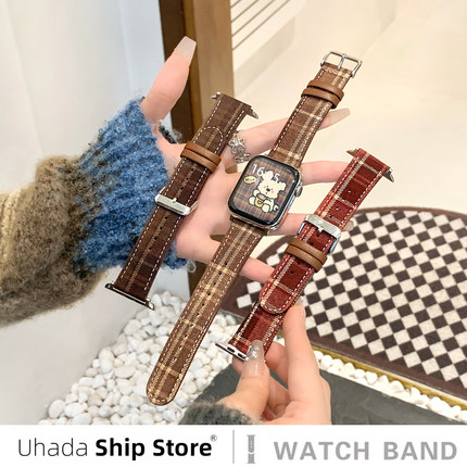 【高级感】氛围适用苹果手表表带新款格纹毛呢皮质iwatch表带高级苹果手表11表带S10表带女生applewatch表带