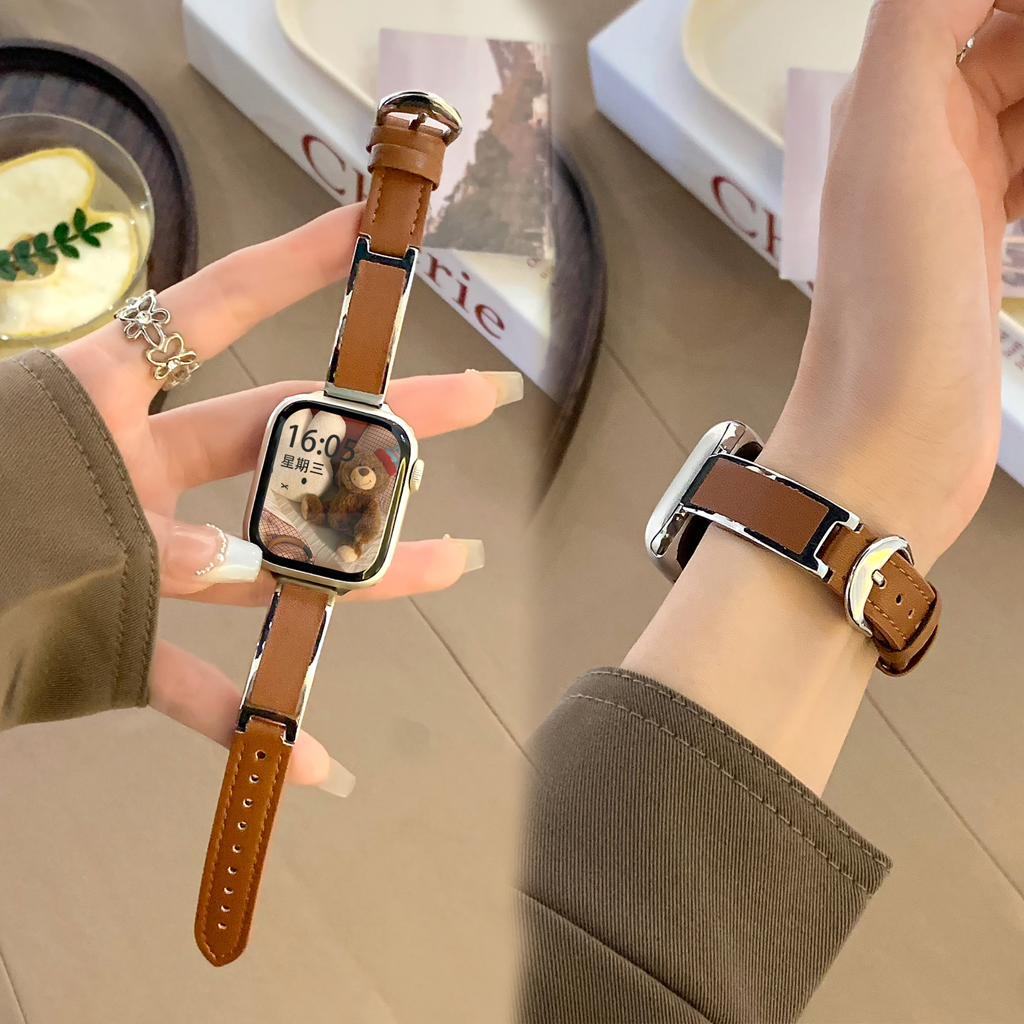 uhada适用applewatch表带秋冬高级感皮质苹果手表表带创意手镯针扣iwatch表带S10男女运动iWatch8/7/6替换带