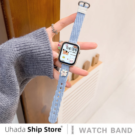 uhada适用iwatch表带秋冬毛绒针织苹果手表表带可爱派对帽小狗applewatch表带高级感编织女生苹果手表s11表带