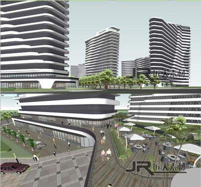 横线条高层酒店式公寓办公商业综合体su模型退台建筑景观skp草图