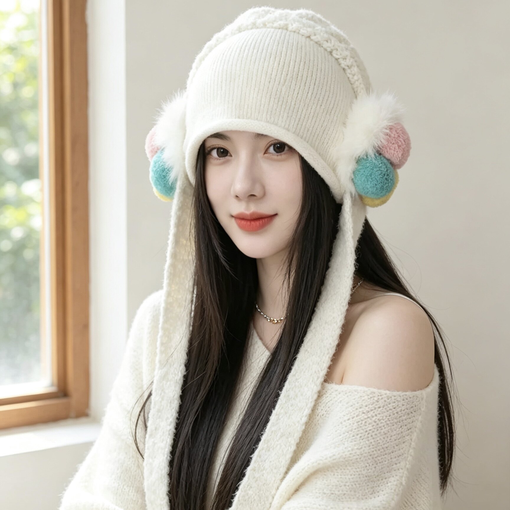 韩版毛绒耳罩一体针织帽子女保暖