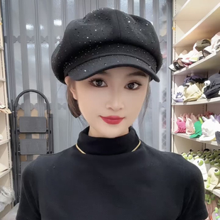 韩版重工水钻八角帽子女春秋逛街时尚百搭画家帽显脸小黑色鸭舌帽