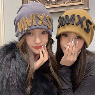 网红字母堆堆帽子女秋冬季 保暖冷帽日系街头显脸小月子包头帽 时尚