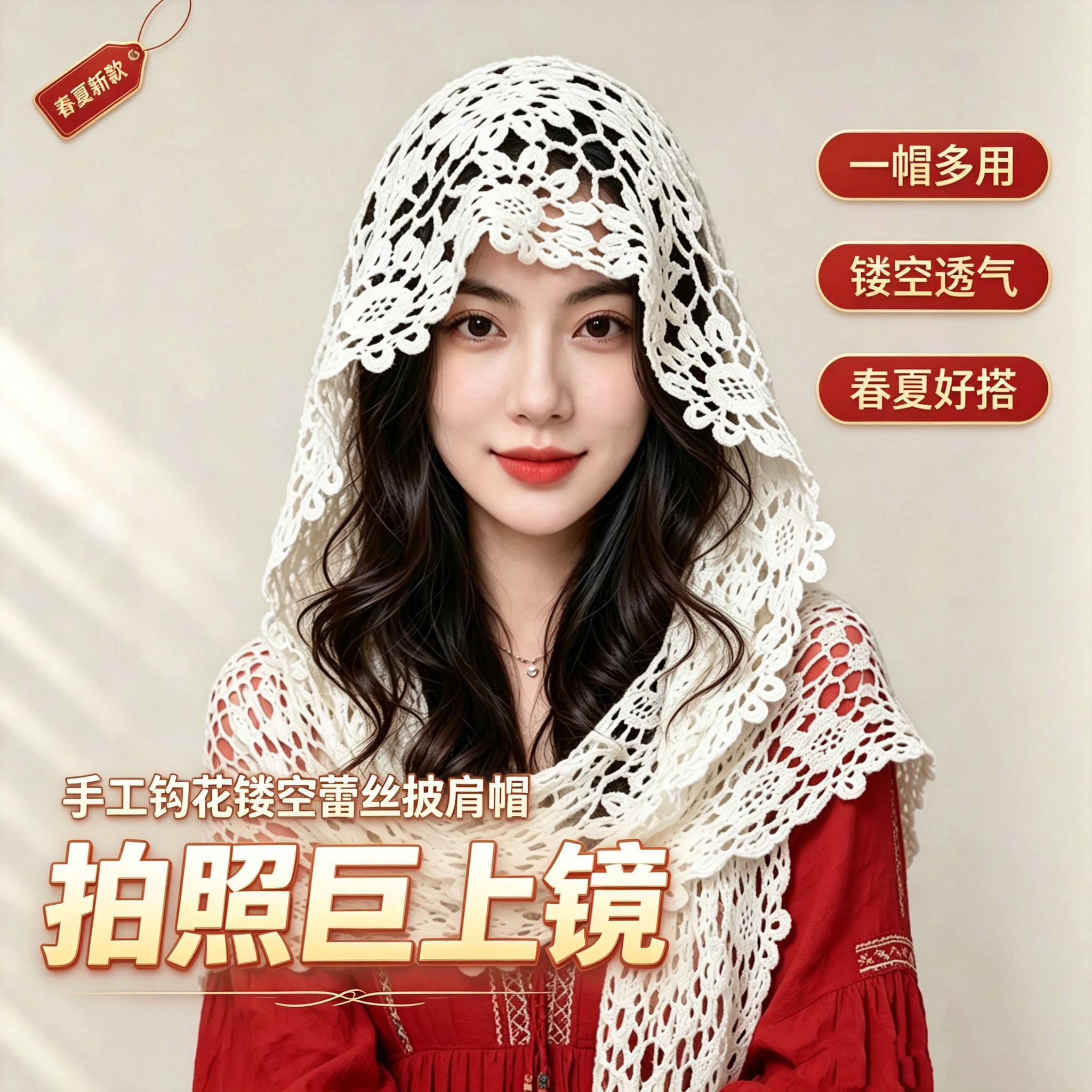 镂空钩花蕾丝披肩帽子女四季出游