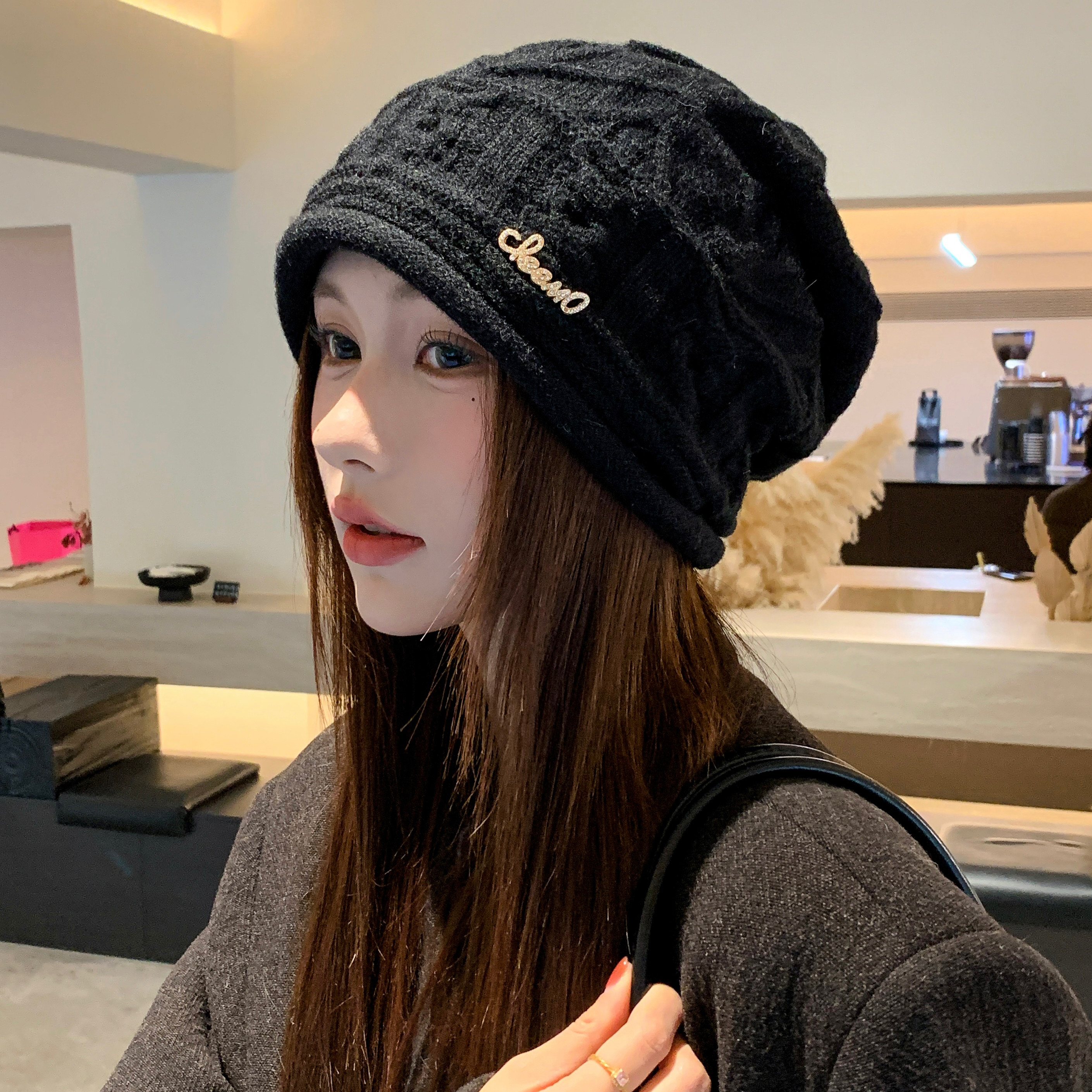 韩版百搭麻花卷边针织帽子女秋冬加绒保暖护耳大头围显脸小堆堆帽