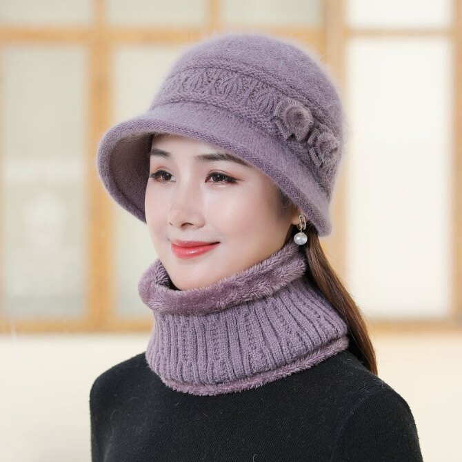 秋冬季中老年妈妈帽子女兔毛加绒加厚针织盆帽保暖防风围脖两件套