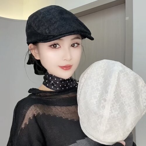复古刺绣花朵显脸小贝雷帽女春夏