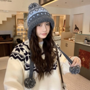 费尔岛风提花毛球针织帽子女秋冬季加厚保暖护耳防风显脸小毛线帽