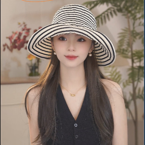 2026新款遮阳帽子女春夏季时尚百搭条纹渔夫大檐遮脸防晒太阳帽