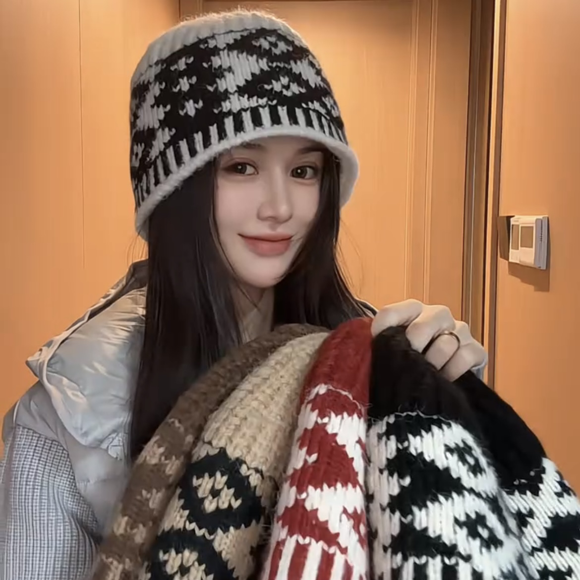 毛线帽针织帽女棱格休闲秋冬季