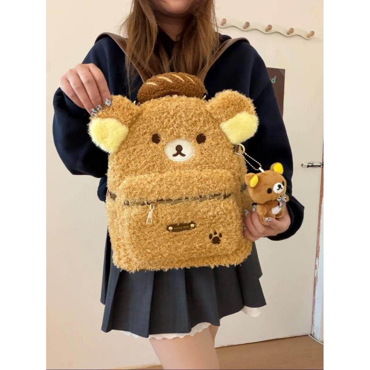 卡通可爱轻松熊双肩包包女2025冬新款毛绒通勤背包大学生上课书包