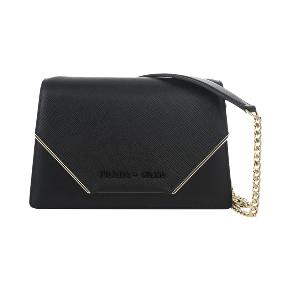 Prada 普拉达 女士黑色链条包新款翻盖按扣单肩包斜挎包