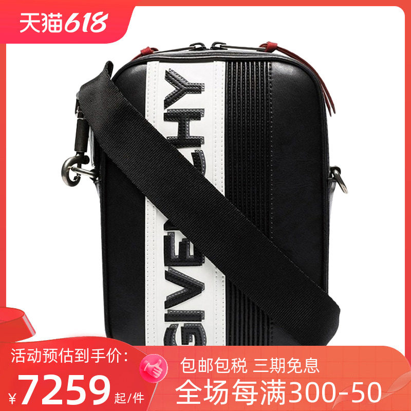 Givenchy男士黑色/白色牛皮LOGO印花斜挎包单肩包 BK504YK0LP-004