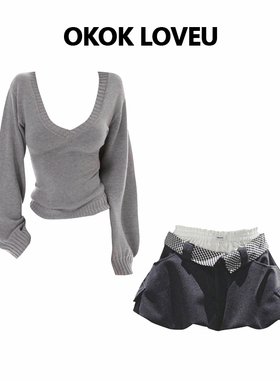 OKOK LOVEU高级感灯笼袖针织衫女秋冬季miu系高知格子花苞裙套装