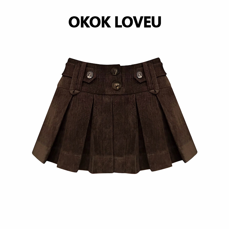 OKOK LOVEU 涩谷狙击 咖色低腰辣妹百褶短裙女显高雪尼尔半身裙,女装/女士精品,半身裙,淘宝优惠券,粉丝福利购,淘宝优惠卷
