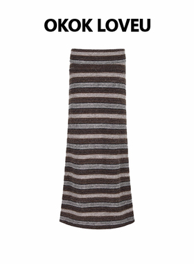 OKOK LOVEU 织纹漫记条纹针织毛呢半身裙女腰部折堆叠休闲一步裙