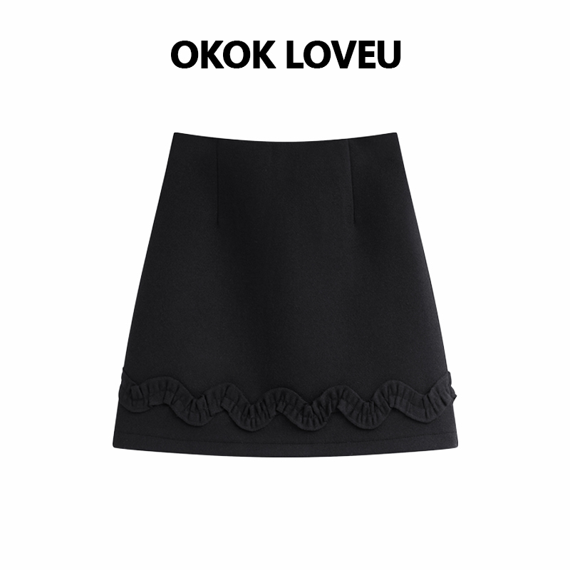 黑色毛呢a字半身裙女冬季设计感