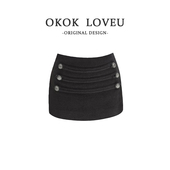 深灰色千金风毛呢半身裙女秋冬辣妹风显瘦百搭短裙金属扣装 饰裙子