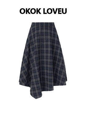 OKOK LOVEU“经典复古”混纺不规则磨毛格纹A字半裙女复古A字裙子