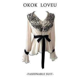 超好看收腰显瘦衬衫 法式 女秋季 雪纺衫 上衣 千金风v领花边喇叭袖