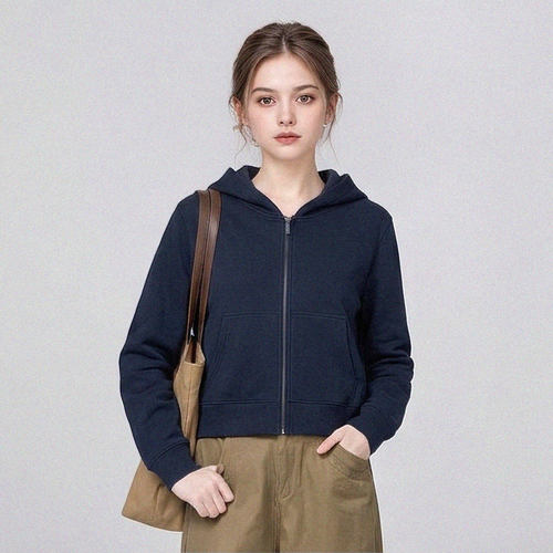 OKOK LOVEU 简约时尚软糯复古短外套2026潮流粗支连帽卫衣外套女