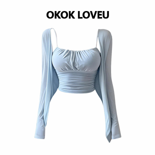 套装 OKOK 开衫 纯欲温柔风性感褶皱收腰含胸垫吊带背心长袖 LOVEU