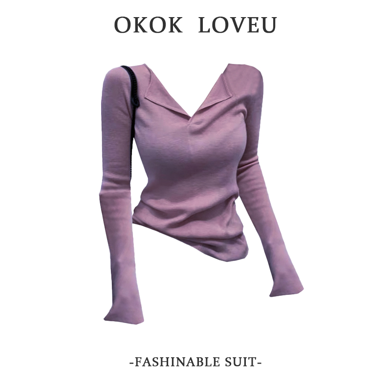 韩系秋冬穿搭紫色V领长袖针织衫