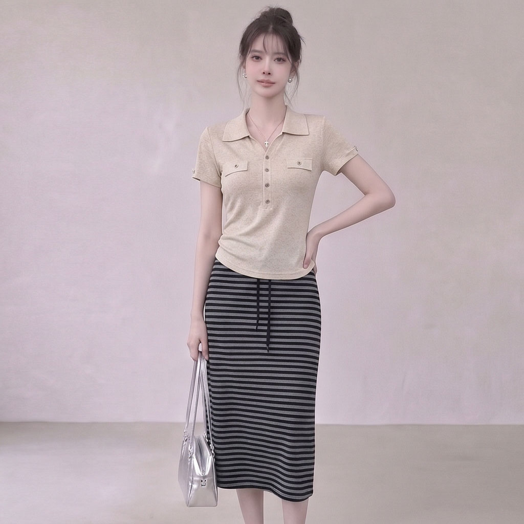 polo领针织两件套女显瘦条纹裙