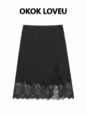 OKOK LOVEU“超细羊毛纱”轻薄刺绣蕾丝小开叉半身裙子女2026新款