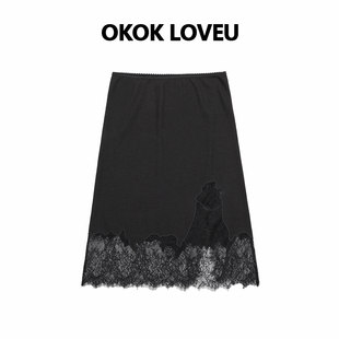 轻薄刺绣蕾丝小开叉半身裙子女2026新款 超细羊毛纱 LOVEU OKOK