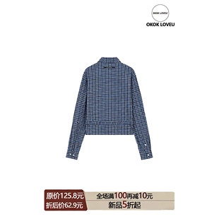OKOK LOVEU 夏季蓝灰格纹曲线下摆正肩衬衫外搭休闲百搭时尚上衣