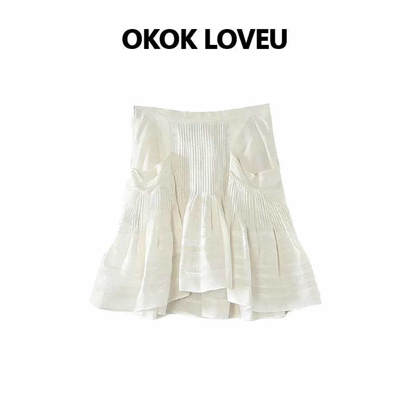 OKOK LOVEU【棉花糖】高支纯棉酵素水洗塔克线白色百搭百褶半身裙
