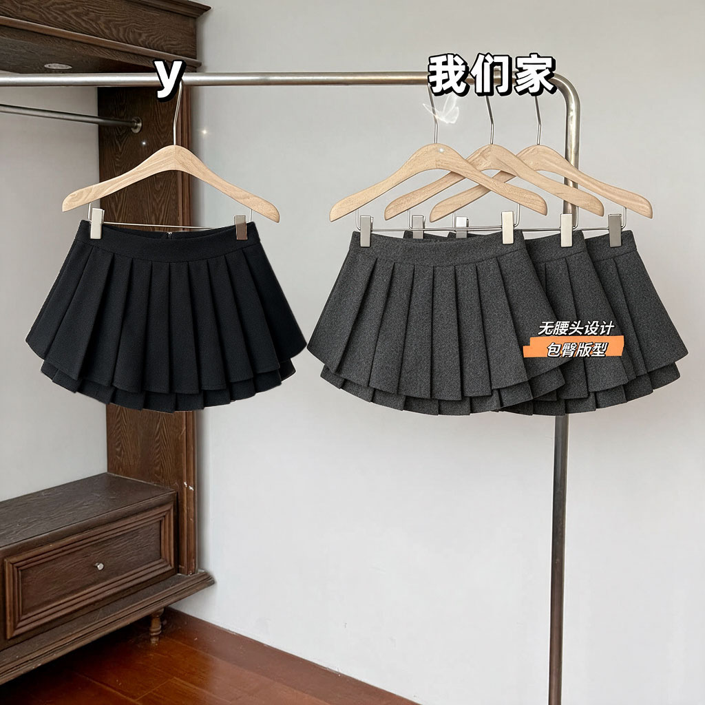 OKOK LOVEU 百褶半身裙女秋冬2026新款毛呢短裙高腰A字裙半裙裤裙