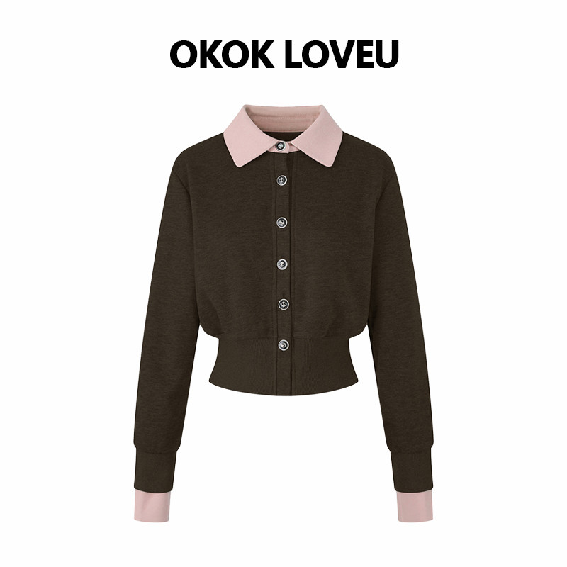 复古感撞色翻领针织开衫女假两件